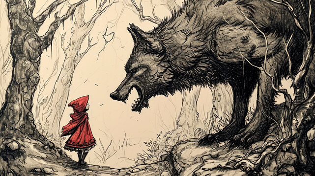 Little Red Riding Hood staring down the big, bad wolf