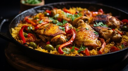 A detailed shot of a Chicken Paella with a focus on the crispy, caramelized edges of the rice and the succulent chicken pieces
