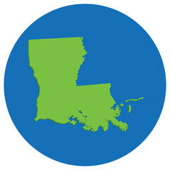 Louisiana state map in globe shape green with blue circle color. Map of the U.S. state of Louisiana.