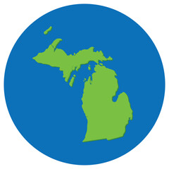 Michigan state map in globe shape green with blue round circle color. Map of the U.S. state of Michigan.