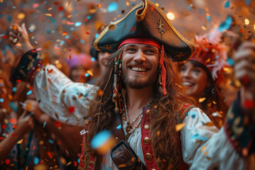 Pirate Costume, Man at Carnival and Birthday Party, Street Festival with Confetti and Friends Among...