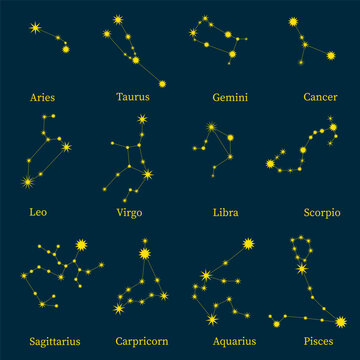 Twelve zodiac Constellations with the names of each sign of the Astronomical horoscope. Set with shining astrology glowing stars sign zodiac vector.