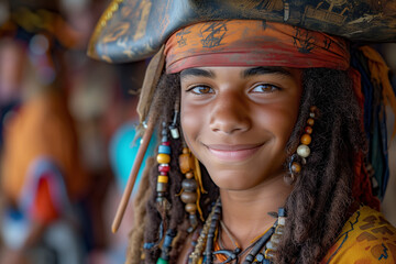 Pirate Costume, Young African American Man at Carnival and Birthday Party, Man with Dreadlocks and...