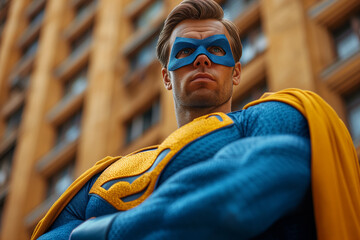 Superhero Costume, Hero of the Birthday and Carnival Party, Strong and Muscular Man with Blue Mask and Yellow Cape, Saving the City with a Satisfactory Pose - Powered by Adobe