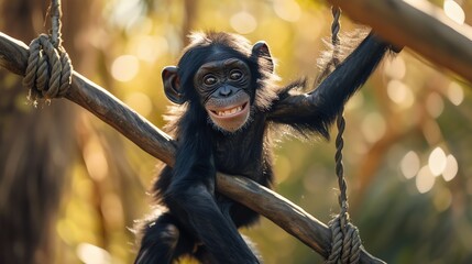 An illustration of happy baby Chimpanzee hanging out in the jungle - obrazy, fototapety, plakaty