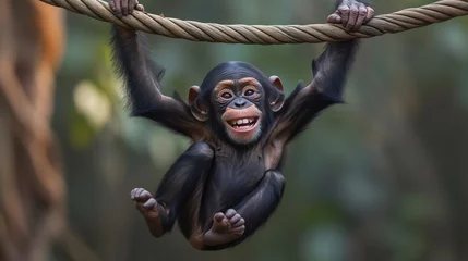 Fotobehang An illustration of happy baby Chimpanzee hanging out in the jungle © Face Off Design