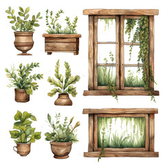 Watercolor window with green moss ornament set. Hand drawn isolated on transparent background.	
