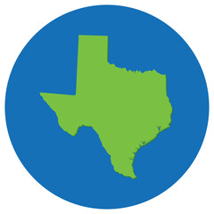 Texas state map in globe shape green with blue round circle color. Map of the U.S. state of Texas.