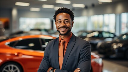 Portrait of a car salesman standing in a showroom