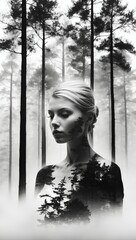 Silhouette of a beautiful woman. filled with a forest and trees images with double exposure. Nature and meditation concept. Healthy natural life idea. With copy space.