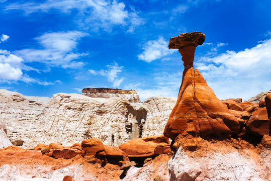 Eroded hoodoos and cliffs of sandstone at The Toadstools, Grand Staircase-Escalante National Monument, near Kanab, Utah