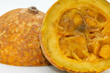 Jenipapo fruit (Genipa americana) in selective focus in details that define the characteristics of the species