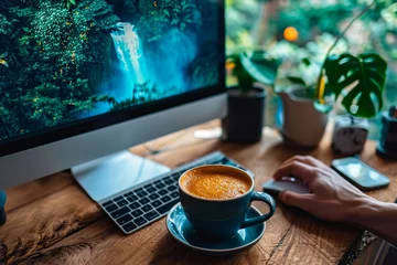  drinking coffee or tea in the morning checking social media or webmail in relax modus © egonzitter