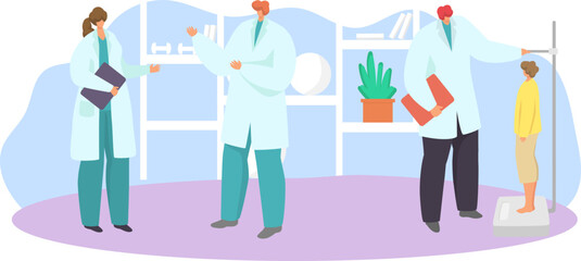 Three doctors discussing treatment in hospital room with patient on IV drip. Medical team consulting on healthcare. Professional healthcare and medical teamwork vector illustration.