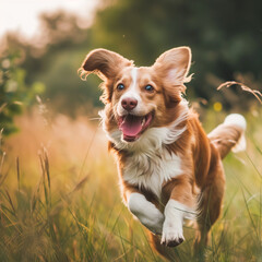 A happy dog running through a field 