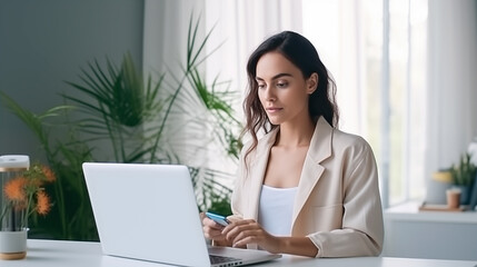 Businesswoman holding a credit card in her hand while using laptop computer. A professional woman working remotely at home and uses internet banking, e-commerce, online shopping, spending money