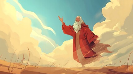 Cartoon depiction of prophet Elijah standing on a desert field with his right arm raised to the sky, with a background of clouds and dust behind him. Concepts of faith, religion, history and holiness.