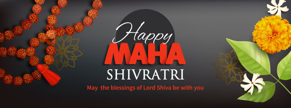 Greeting banner with rudraksha mala (beads), flowers and bilwa leaf for Maha Shivratri, a Hindu festival celebrated of Lord Shiva. Vector illustration. 