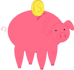 Cartoon pink piggy bank with a gold coin on its back. Cute pig money savings concept. Financial savings and investments vector illustration.
