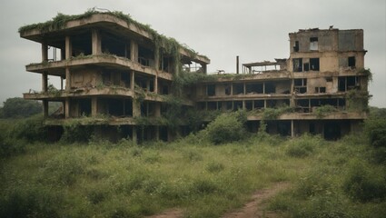 Landscape of an old building, ruined and abandoned for many years. Environment protection concept. Chaos, disaster and post war scenery idea. With copy space.	