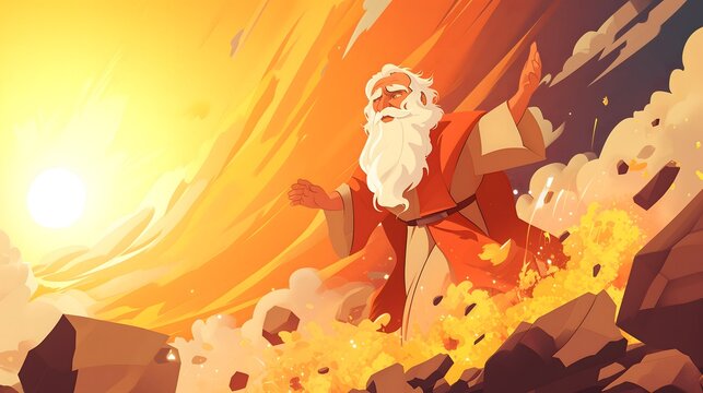 Cartoon depiction of prophet Elijah standing in fire with his arms held wide, with a background of a fiery sky behind him. Concepts of faith, religion, history and holiness.
