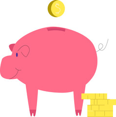 Pink piggy bank with coin above slot, next to a stack of gold bars. Simple savings concept, investment growth idea. Financial success and wealth accumulation vector illustration.