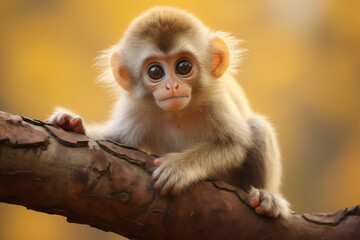 Cute Baby Monkey Holding onto a Tree with Big Eyes and Little Hands generative ai