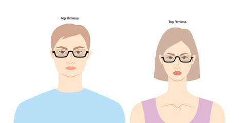 Obraz premium Top Rimless frame glasses on women and men flat character fashion accessory illustration. Sunglass unisex silhouette style, rim spectacles eyeglasses, lens sketch outline isolated on white background