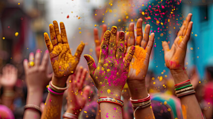 colorful hands in the air painted with Holi powder 