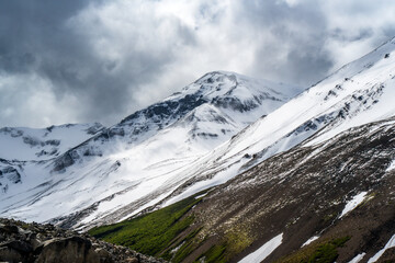 snow covered mountains under clouds