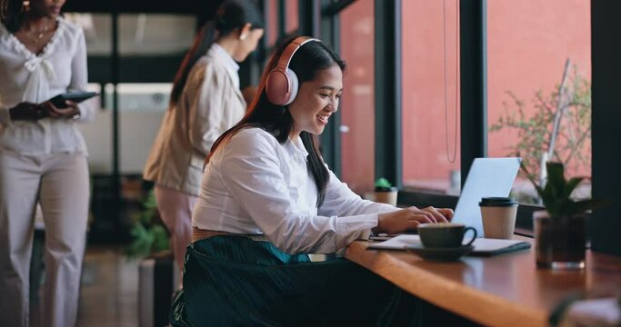 Laptop, business and remote work with asian woman in coffee shop for freelance career as editor or publisher. Computer, email and networking with happy young entrepreneur in cafe or restaurant