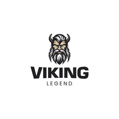 Viking logo design. Nordic warrior symbol. Horned Norseman emblem. Barbarian man head icon with horn helmet and beard.