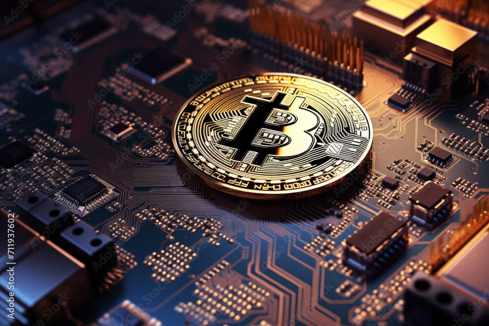 Poster bitcoin resting on a detailed computer circuit board