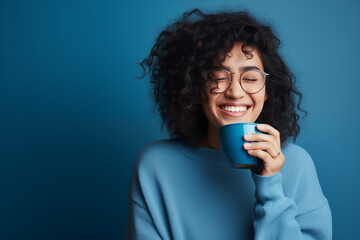 Cheerful young woman with curly hair wearing large round glasses and a sweater. She is holding a mug