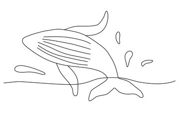 Whale jumping from water with splashes, doodle style flat vector outline for coloring book