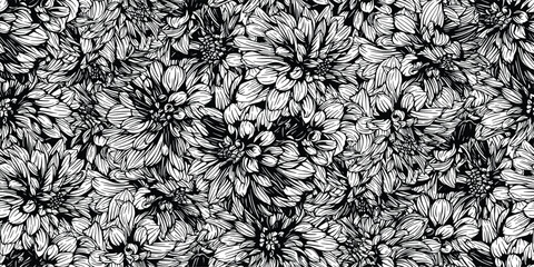Seamless pattern with hand drawn dahlia night silence flowers. Vector floral illustration
