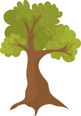 Cartoon tree with green leaves and brown trunk isolated on white. Simple drawing of a leafy deciduous tree, nature graphic.