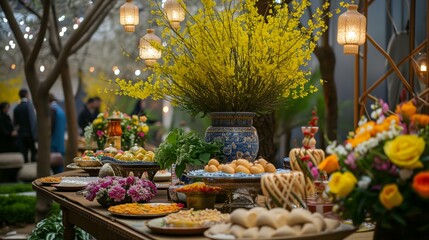 Photo of traditional and opulent festive Nowruz holiday decorations set on a table, including...