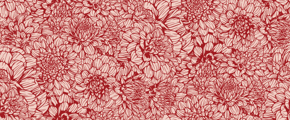 Seamless pattern with hand drawn dahlia  tangerine dream flowers. Vector floral illustration