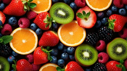 Foto op Plexiglas strawberry fruit food background illustration pineapple grape, kiwi mango, peach pear strawberry fruit food background © vectorwin