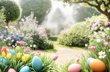 Obraz na płótnie Canvas A spring garden with eggs for basket for Easter