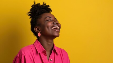 Fototapeta premium Woman in Pink Shirt Bursting With Laughter Generative AI