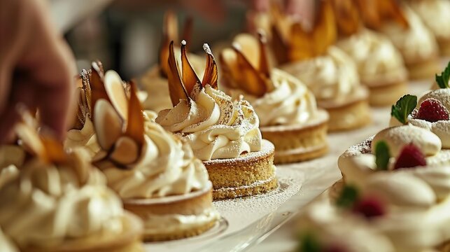 Chef cooking desserts in professional kitchen, Close up  of a cakes sprinkled with icing suga 