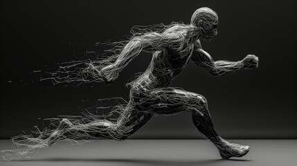 man in motion running, Fluid Resilience portrait, blending Liquid Art and Futurism, a humanoid figure with dynamic poses, shaped by flowing lines 