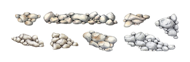 Watercolor illustration of a set of gray piles of stones. Natural elements of hard rock, pebbles, pellets, crushed stone isolated on white. For decorating the background of gardens, landscapes, parks,