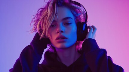 Young Man Wearing Headphones Enjoying Music in Silence Generative AI
