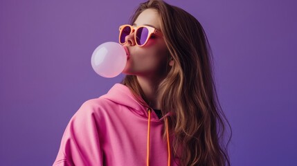 Woman Blows Bubble in Pink Hoodie Creating Colorful Moment of Joy Generative AI - obrazy, fototapety, plakaty