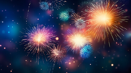 Fototapeta premium Happy New Year, burning fireworks with bokeh light background