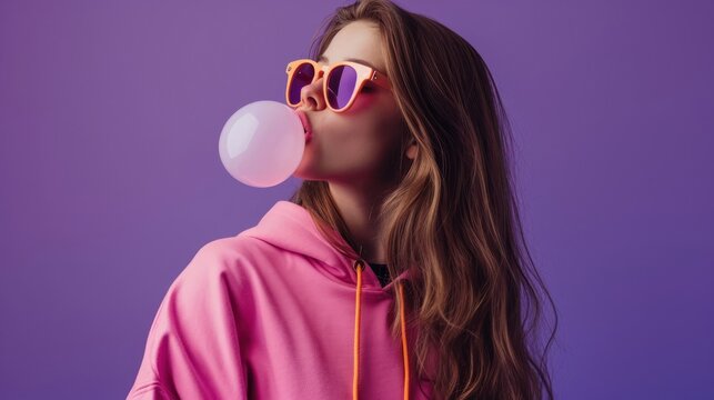 Woman Blows Bubble in Pink Hoodie Creating Colorful Moment of Joy Generative AI