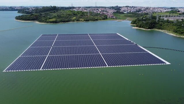 Aerial view of the Araucaria Floating Photovoltaic Plant in Sao Paulo, Brazil